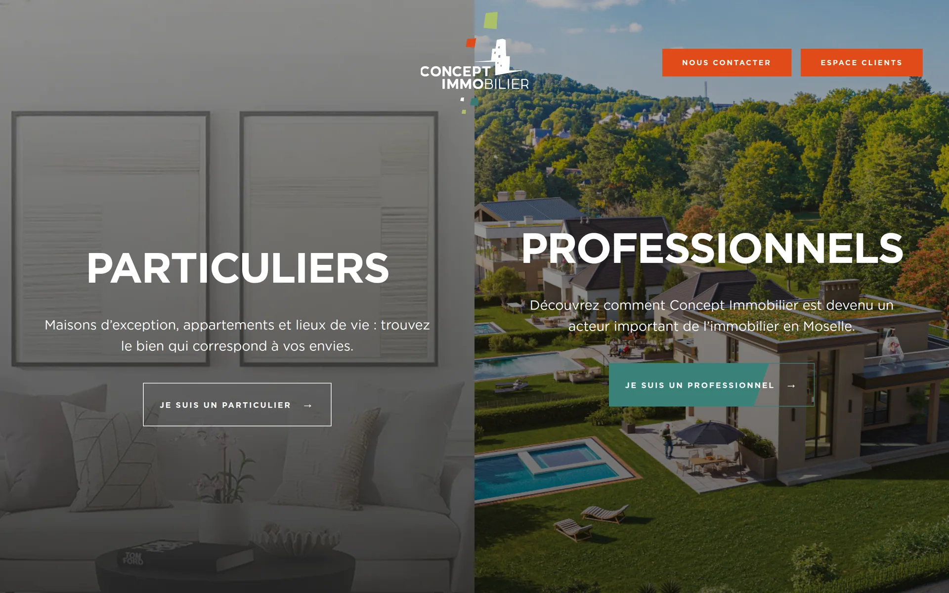 Accueil du site Concept Immobilier : deux portes, Particuliers et Professionnels