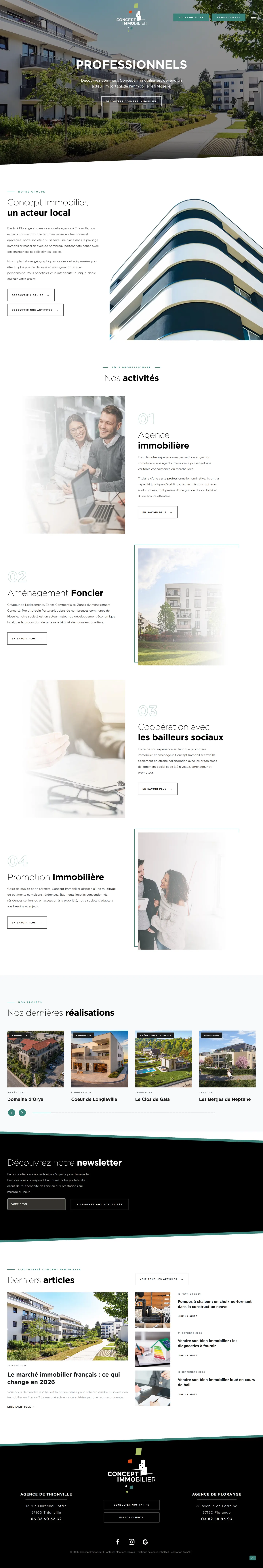 Page Professionnels du site Concept Immobilier en entier